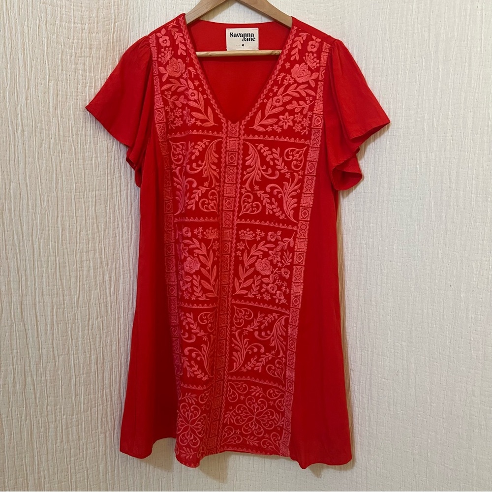 Savanna Jane Women's Flutter Sleeve V-Neck Embroidered Tunic Dress Red Medium